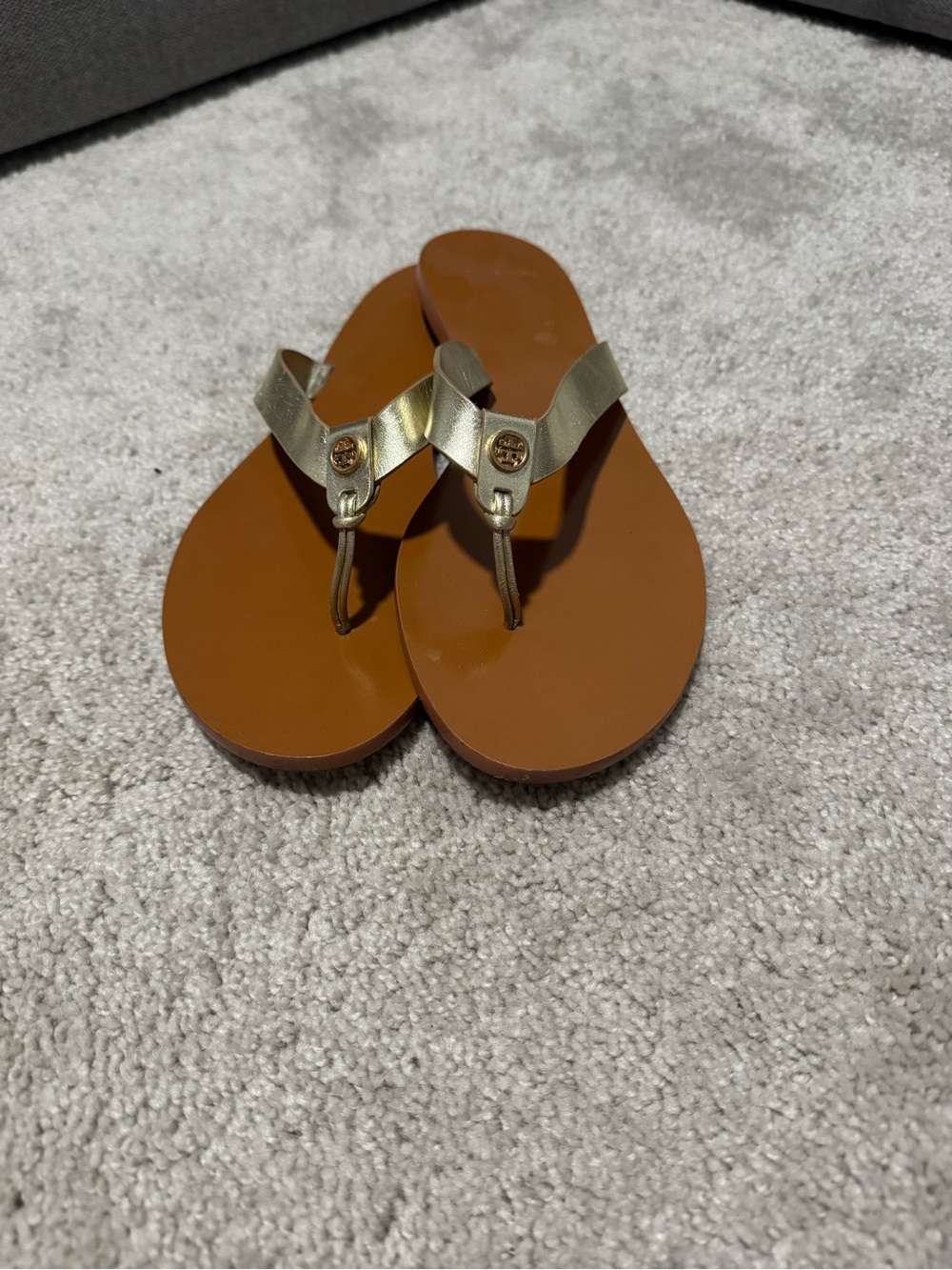 Tory Burch Metallic Gold Thong Sandals with Brown Footbed
